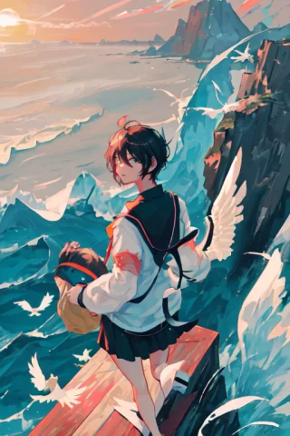 Visual Novel,run,above,bird,fly,island, Sea,typhoon, Tsunami... — Stable Diffusion AI Prompt: VISUAL novel,run,above,bird,fly,island, sea,typhoon, tsunami,SHORT HAIR, black h...