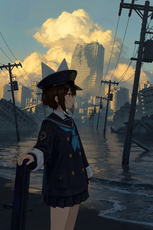 A Girl With Short Brown Hair And Red Eyes Stands In Profile...