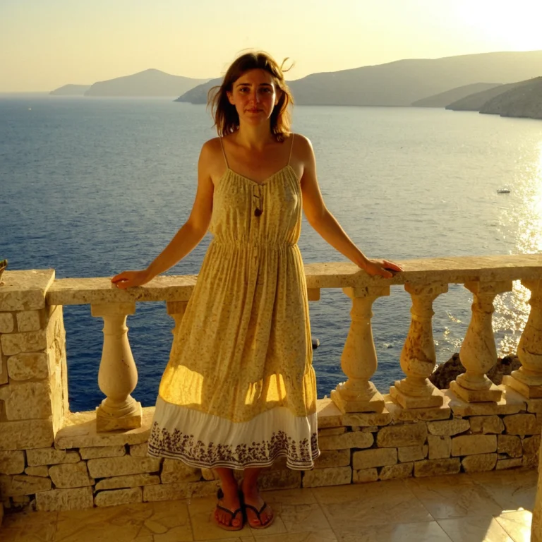 A Full-body Portrait Of A Woman In A Sundress On A Stone Bal...