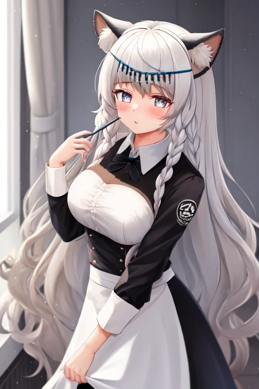 1girl, White Hair, Very Long Hair, Wavy Hair, Animal Ears, T...