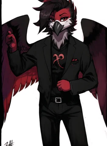 Anthro, Bird, Avian, Wings, Beak, Male, Sfw, Black Suit, Bla... — Stable Diffusion AI Prompt: ((anthro)), bird, avian, wings, beak, male, sfw, black suit, black pants, red sh...