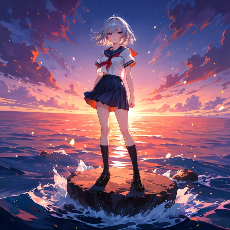 Full Body Shot Of A Young Anime Girl With Silver Hair And A...