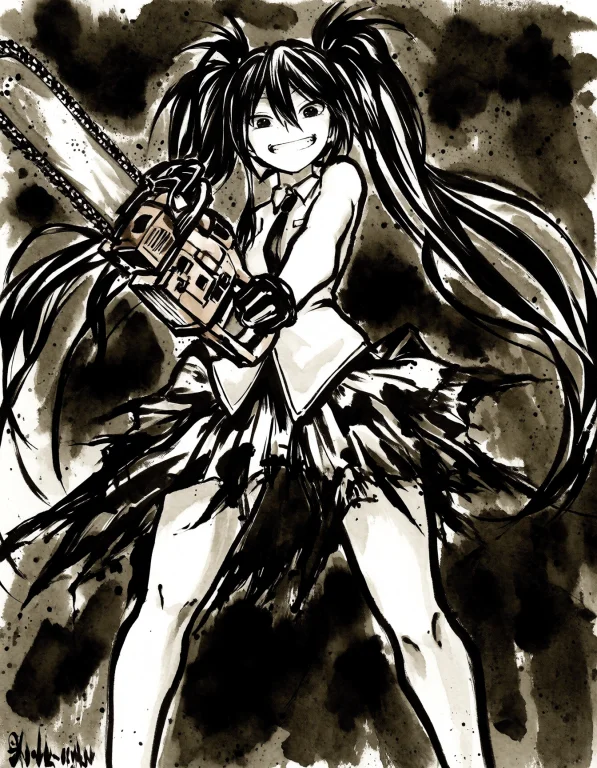 Sumiink, 1girl, Kuro, Long Hair, Twintails, Holding Chainsaw...