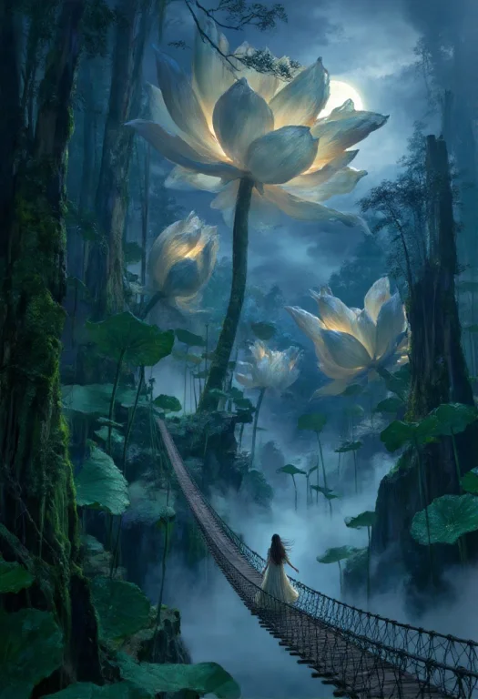 Cinematic Fantasy Painting Of A Solitary Young Woman Crossin...