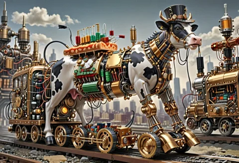 Transistors, A Steampunk Cow Made Out Of Gears And Pipes And... — SDXL AI Prompt: Transistors, a steampunk cow made out of gears and pipes and Transistors, wearin...