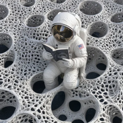 An Astronaut, Reading A Book On A Gyroid Shaped Alien World.... — SDXL AI Prompt: an astronaut, reading a book on a gyroid shaped alien world. lattice.