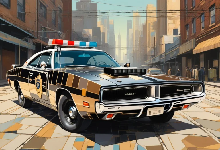 A Cyberpunk Urban Background Behind A 1970 Dodge Charger Pol...