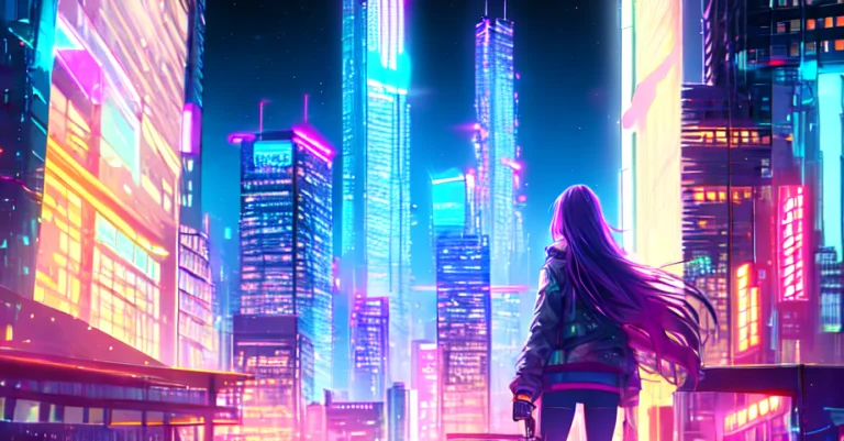 Cityscape, Cyberpunk Skyscrapers, 1girl, Iridescent Clothing...