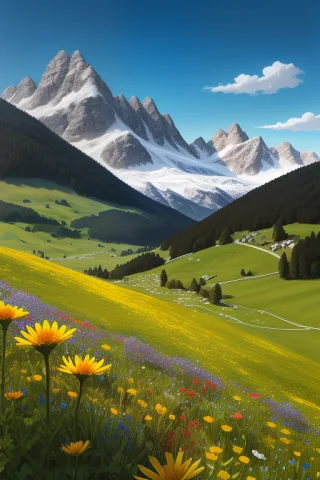 An Alpine Meadow Scattered With Wildflowers, Childrens Book... — Stable Diffusion AI Prompt: an alpine meadow scattered with wildflowers, children's book illustration, high...