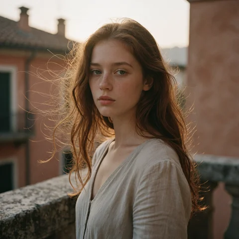 Editorial Portrait Of A Young Woman With Windblown Auburn Ha... — Stable Diffusion AI Prompt: Editorial portrait of a young woman with windblown auburn hair standing on a sto...