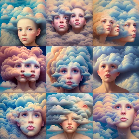 Painting Of Portraits Of Random Faces In Clouds, Intricately... — Stable Diffusion AI Prompt: painting of portraits of random faces in clouds, intricately detailed, dreamy, s...