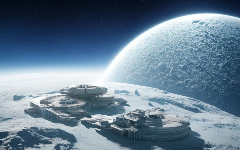 A Render Of A Sci-fi Palace On An Ice Planet, Night, Galaxy...