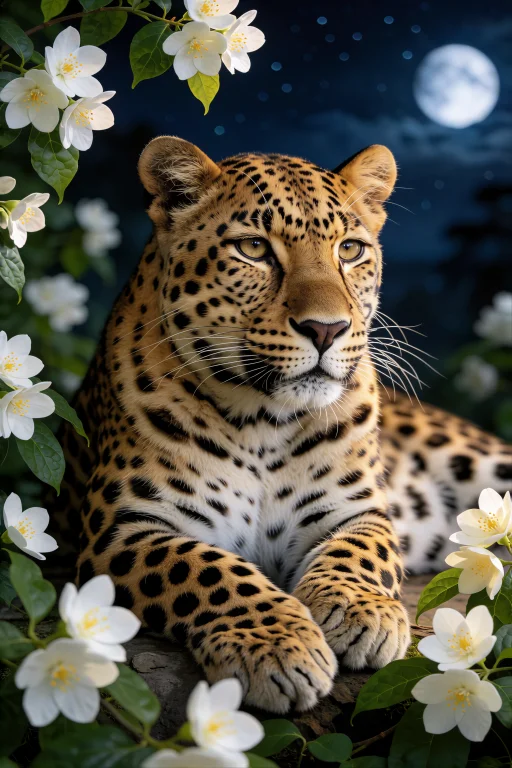 Leopard Resting Among White Jasmine Flowers At Night, Soft M...