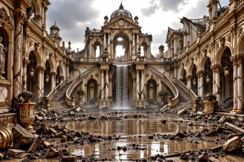 Hrgec, Hidden Ruined-ge Courtyard, A Monumental Hidden Ruine... — Stable Diffusion AI Prompt: HRGEC, Hidden Ruined-GE Courtyard, a monumental hidden ruined palace courtyard i...