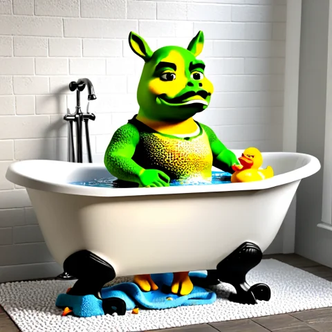Intricate, Detailed, Shrek Taking A Bath In A Small Clawfoot... — SDXL AI Prompt: intricate, detailed, ((Shrek taking a bath in a small clawfoot bathtub, holding...