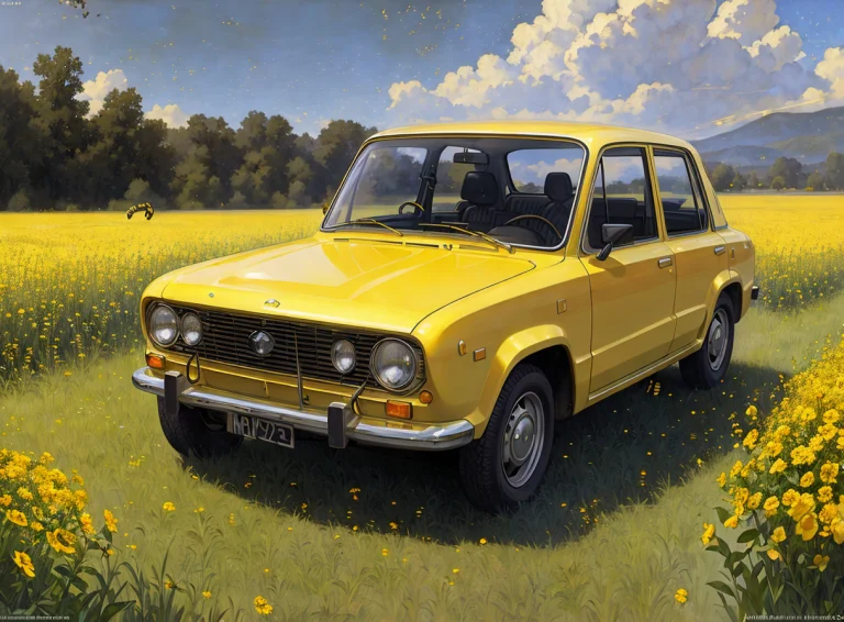 Realistic Photo Of A Lada, On Yellow Field1.2, Bees1.2, By J...