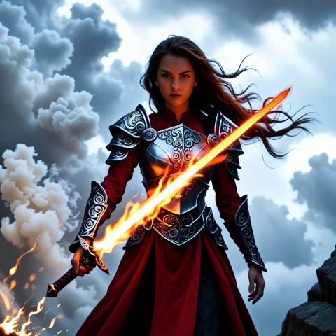 A Powerful And Dynamic Scene Of A Woman Wielding A Flaming S... — Stable Diffusion AI Prompt: a powerful and dynamic scene of a woman wielding a flaming sword. She stands in...