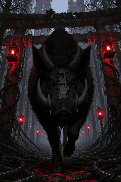 A Massive Black Wild Boar With Small Curved Oni Horns Wander...