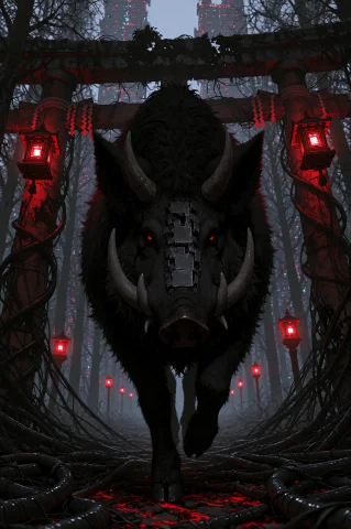 A Massive Black Wild Boar With Small Curved Oni Horns Wander... — Stable Diffusion AI Prompt: A massive black wild boar with small curved oni horns wandering through a ruined...