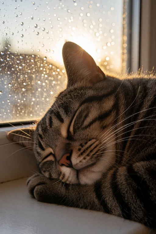 A Photograph Of A Tabby Cat Asleep On A Windowsill, Individu...