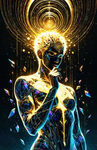 1man, Solo, Waist Up, Mature, Thoughtful Expression, Closed... — Stable Diffusion AI Prompt: 1man, solo, waist up, mature, thoughtful expression, closed eyes, glowing golden...
