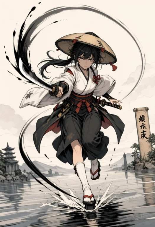 Ink Painting, 1girl, Tsurime, Takes Action, And Thick Ink Ef...