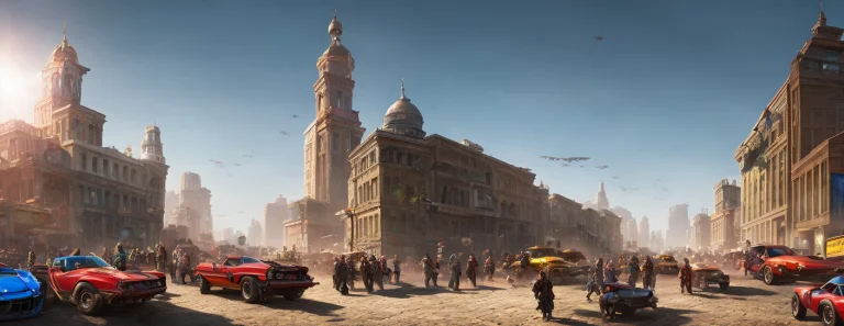 Old Town Main Streetscape, Detailed Street Racing Muscle Car...