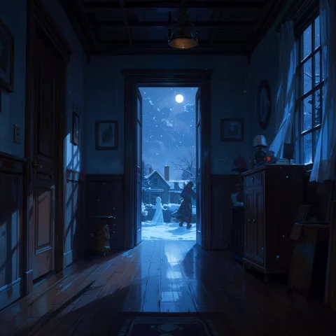 A Dimly Lit Interior Of An Old House, Viewed From A Dark Hal... — Stable Diffusion AI Prompt: A dimly lit interior of an old house, viewed from a dark hallway looking into a...
