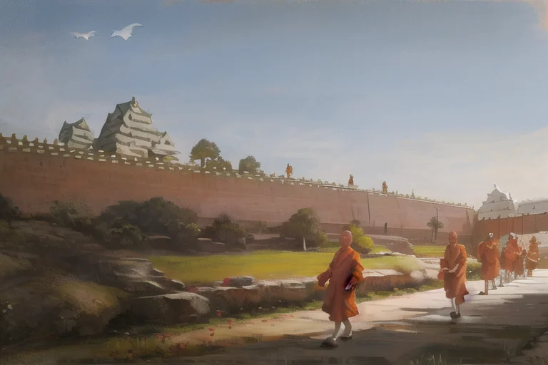 A Painting Of Monks Walking In Front Of A Castle With A Bird...