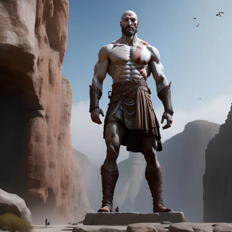Giant Bearded Kratos Person Stone Statue, Far Shot, Horizon,...