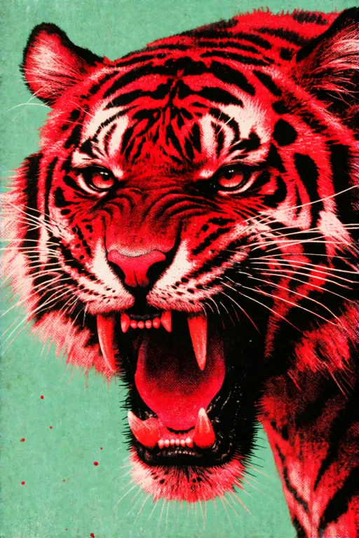 Broadside Print, A Snarling Crimson Tigers Head On A Mint-gr...