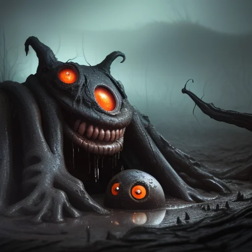 Of A Dark And Muddy Landscape With Strange Cute Friendly Cre...