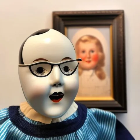 A Dollzy With Glasses Smiling For A Picture In Front Of A Pi... — Stable Diffusion AI Prompt: a dollzy with glasses smiling for a picture in front of a picture of a smiley fa...