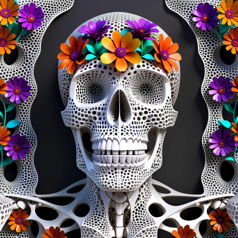 Geometric Skeleton With Vibrant Flowers Coming Out Of The Ey...