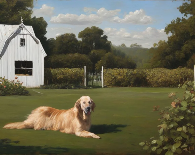 Pet Portrait, Golden Retriever On A Lawn, In The Background...