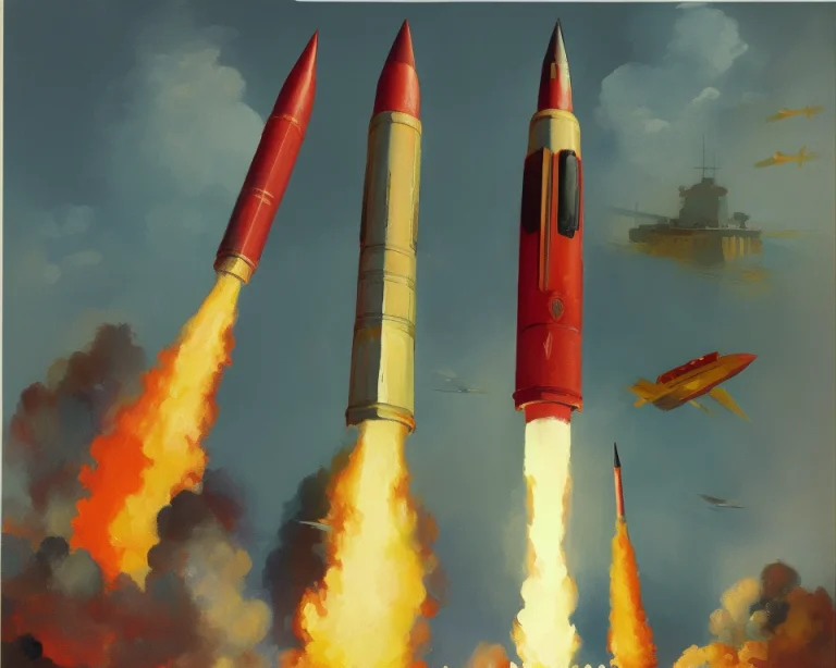 Painting Of A Missile Launching In The Distance, Rocket Laun...