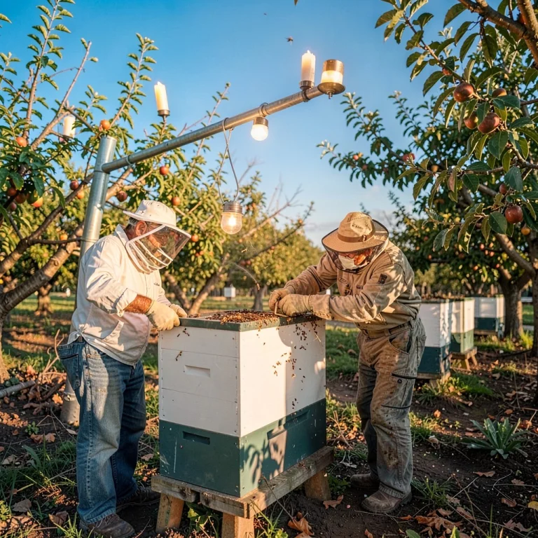 A Beekeeper Checking Hives In An Orchard, Candlelight, Under...