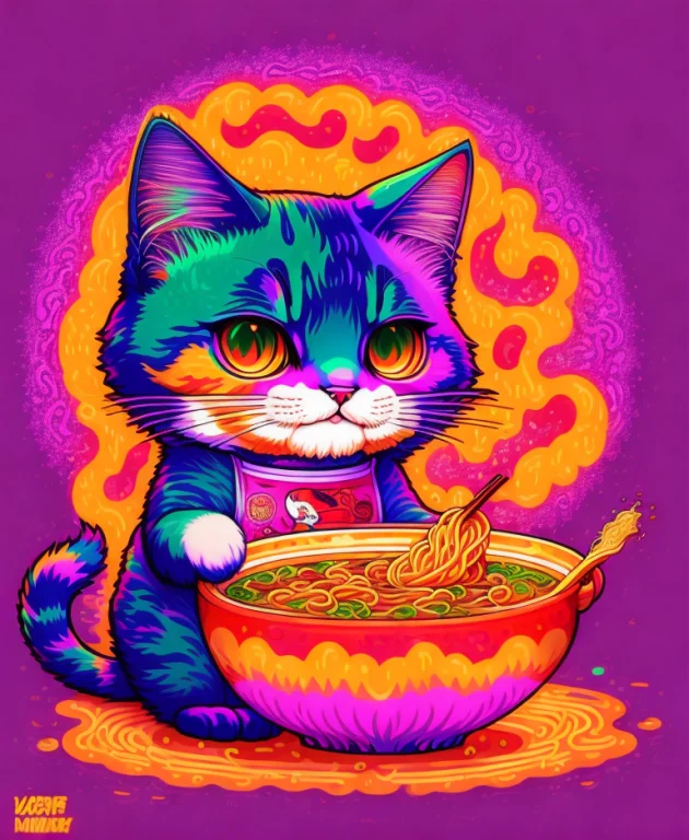 Cat Eating Ramen, Trippy Colors, Cartoon Style, Comic Style,...