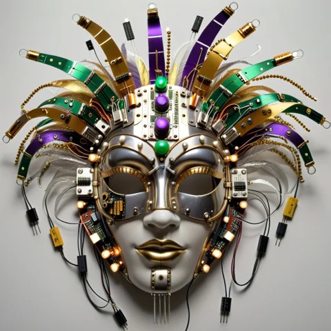 Mardi Gras Mask Made Of Transistors Designs In Glass, Brass,... — SDXL AI Prompt: Mardi gras mask made of Transistors designs in glass, brass, and silver