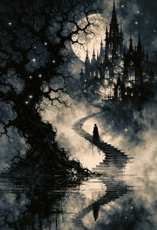 Ta86wistfall, A Melancholic Painterly Ink Art Scene Of A Vas...
