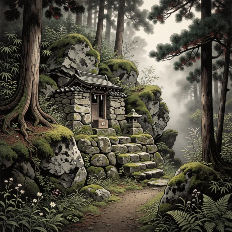 Small Stone Shrine Beside A Narrow Dirt Path In A Serene Jap...