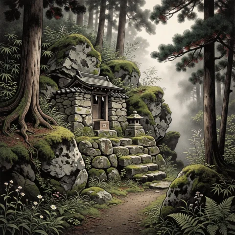 Small Stone Shrine Beside A Narrow Dirt Path In A Serene Jap... — Stable Diffusion AI Prompt: Small stone shrine beside a narrow dirt path in a serene Japanese forest, built...