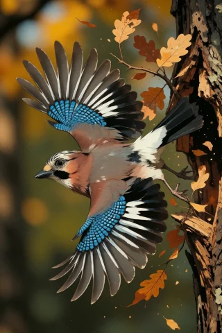 Nature, A Eurasian Jay Exploding From An Oak In A Three-quar... — Stable Diffusion AI Prompt: nature, A Eurasian jay exploding from an oak in a three-quarter burst of flight,...
