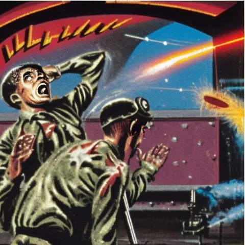 A Army Man Exploded By A Death Ray In The Style Marsattacks — Stable Diffusion AI Prompt: a army man exploded by a death ray in the style marsattacks