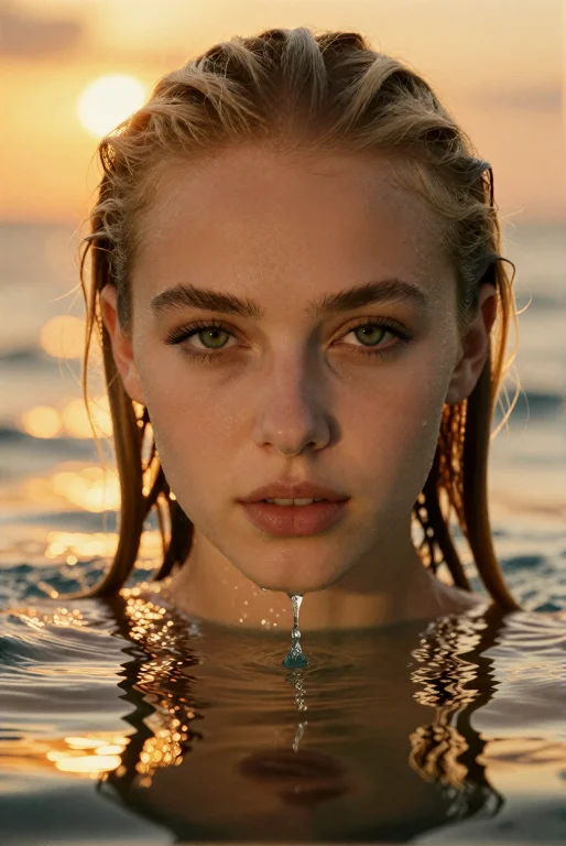 A Close-up Portrait Of A Young Woman With Wet Blonde Hair Su...