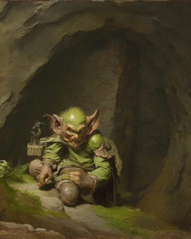 A Diminutive Olive-green-skin Goblin Emerging From The Shado... — Stable Diffusion AI Prompt: a diminutive olive-green-skin goblin emerging from the shadows of a long cave, w...