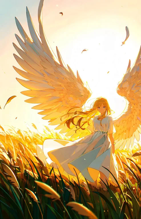 1girl, Solo, Angel, Large Detailed White Feathered Wings, Lo...
