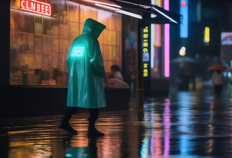 A Raincoat Glowing Under Wet Neon Signage, Iridescent Light,...