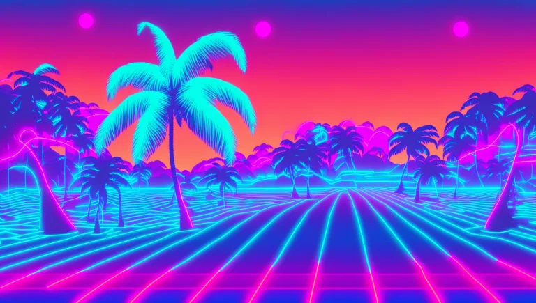 Wireframe Looking Neon Lines Island1.1, With Palm Trees, Snt...