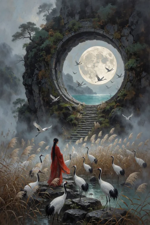 Cinematic Painterly Scene In A Misty Ancient East Asian Sanc...
